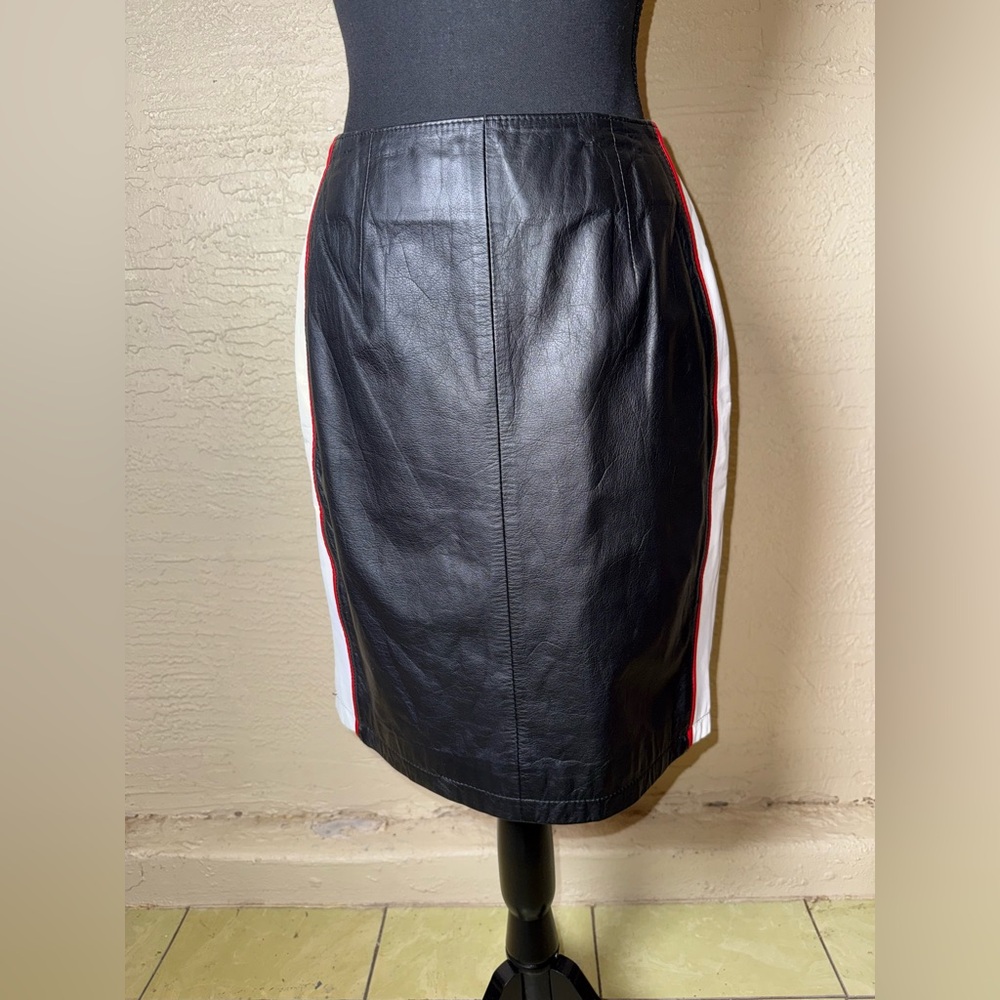 Vintage‎ CHIA Black Leather Pencil Skirt Biker Racing Stripe Y2K Size 10 - Picture 3 of 11